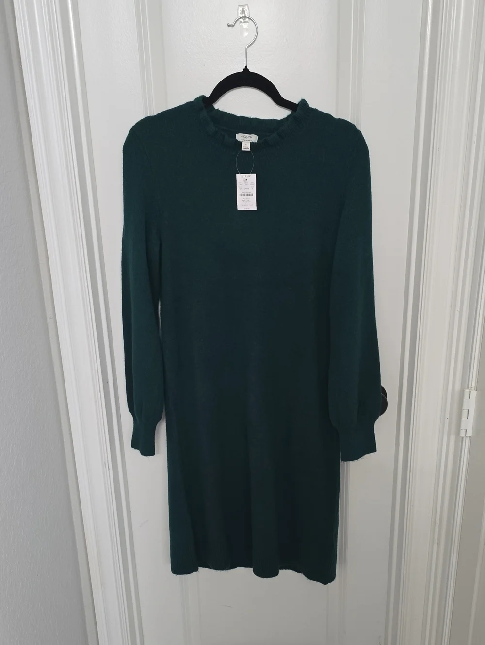 J. Crew Dark Teal Long Sleeve Ruffle Neck Knit Dress